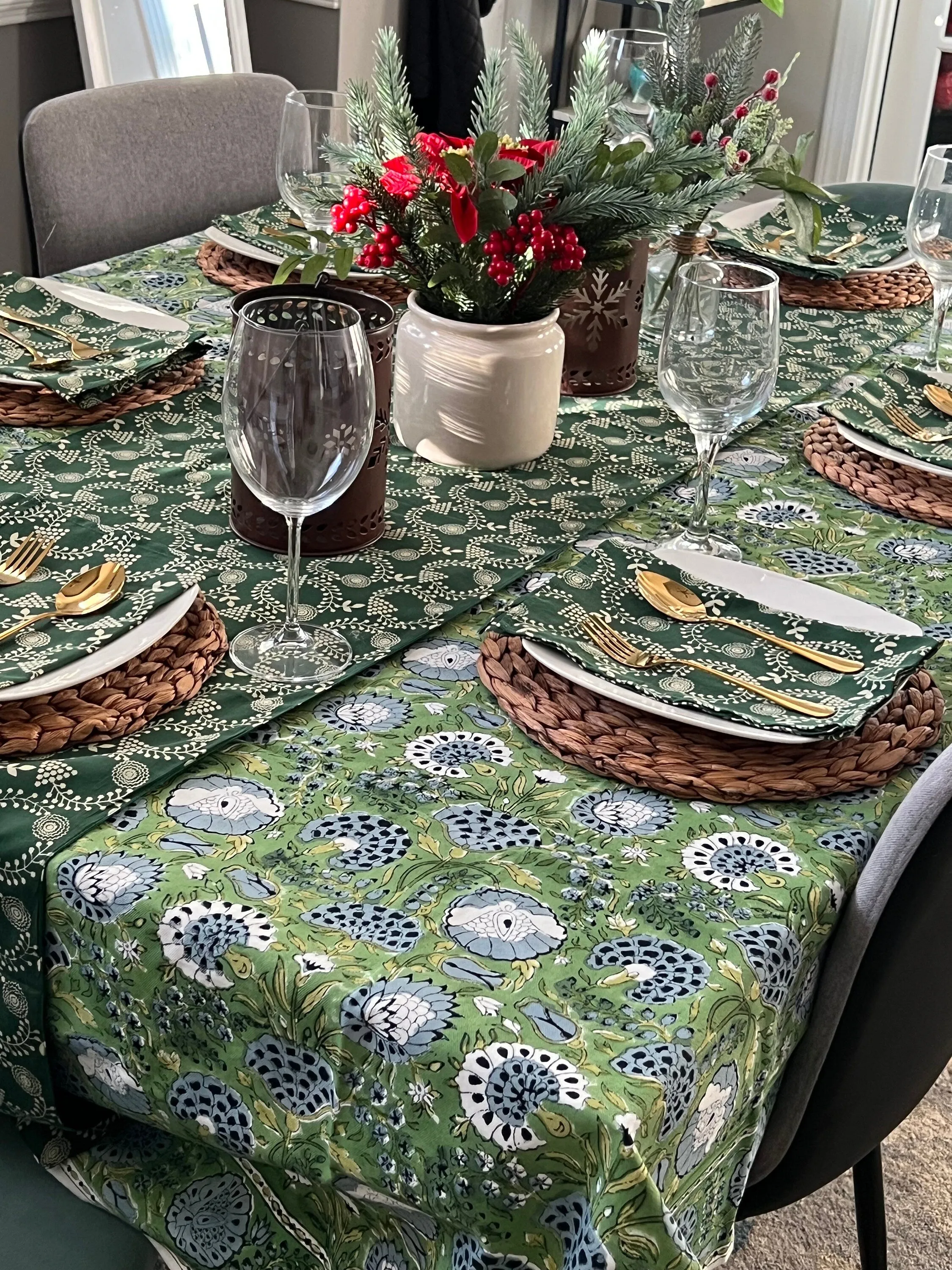 Green blue Christmas Block Printed Tablecloth, Cotton Table Cloth, Green Floral Tablecloth for Table, Christmas Decor, Handmade Gift