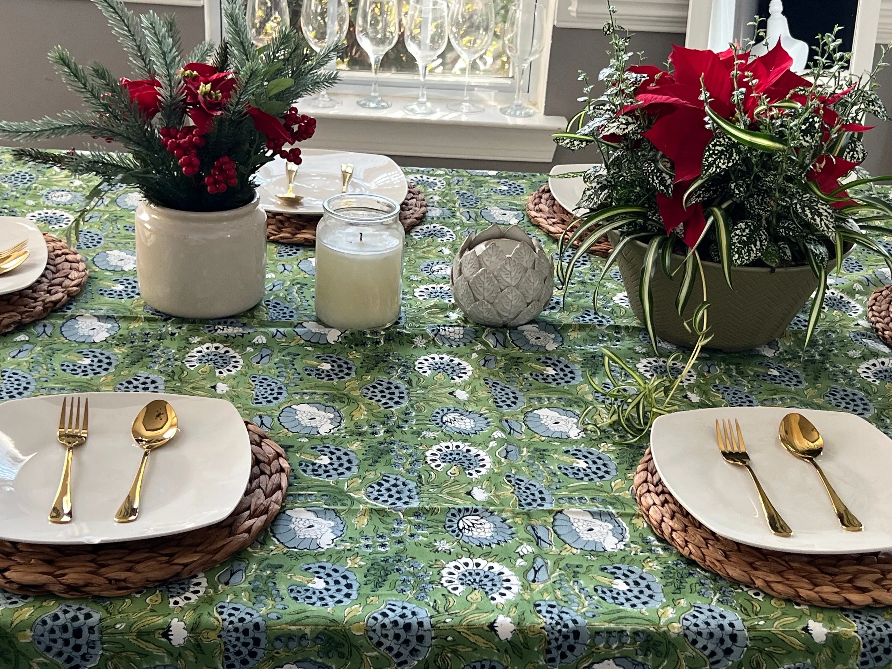 Green blue Christmas Block Printed Tablecloth, Cotton Table Cloth, Green Floral Tablecloth for Table, Christmas Decor, Handmade Gift