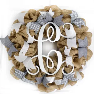 Grey Burlap Monogram Wreath - White Everyday Front Door Decor