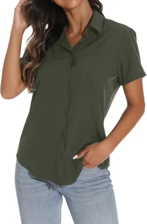 GUANYY Women's Short Sleeve Button Down Shirt Womens Shirts Dressy Casual Business Work Blouses V Neck Collared Tops