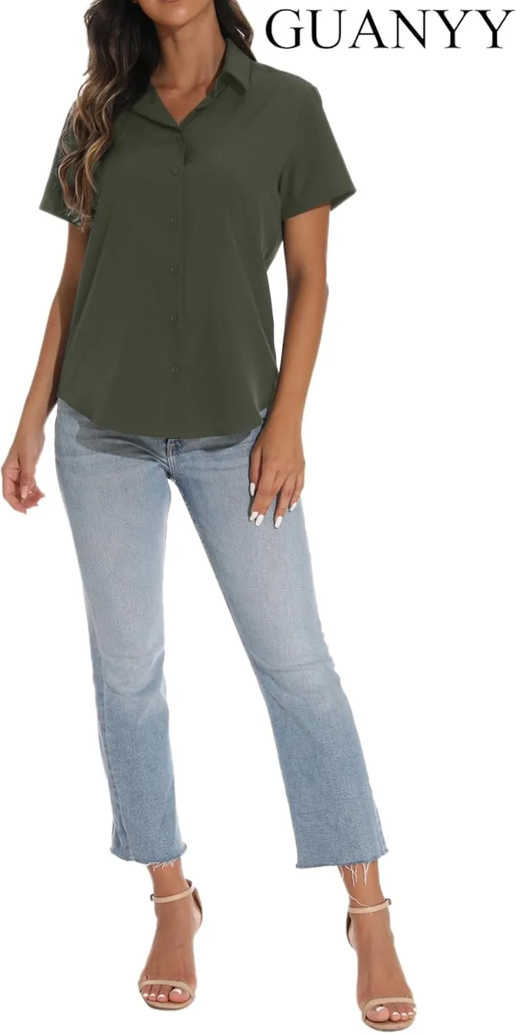 GUANYY Women's Short Sleeve Button Down Shirt Womens Shirts Dressy Casual Business Work Blouses V Neck Collared Tops