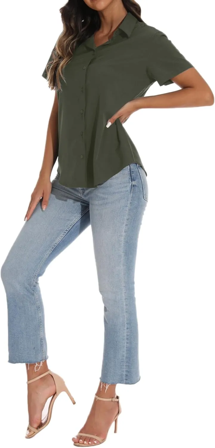 GUANYY Women's Short Sleeve Button Down Shirt Womens Shirts Dressy Casual Business Work Blouses V Neck Collared Tops
