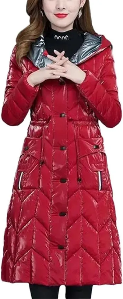 Haitpant Winter Thick Warm Women Parkas Shiny Down Cotton Padded Jacket Slim Hooded Mid-Lenth Outerwear Coats