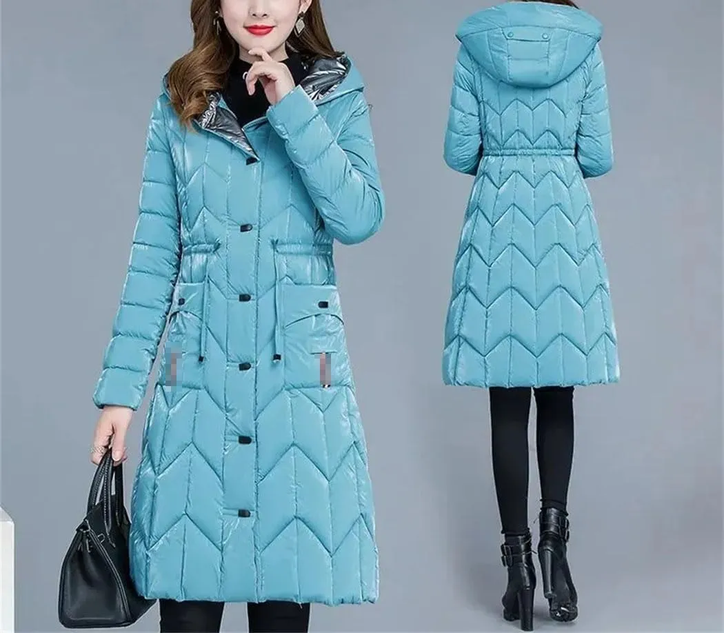 Haitpant Winter Thick Warm Women Parkas Shiny Down Cotton Padded Jacket Slim Hooded Mid-Lenth Outerwear Coats