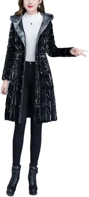 Haitpant Winter Thick Warm Women Parkas Shiny Down Cotton Padded Jacket Slim Hooded Mid-Lenth Outerwear Coats