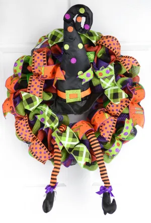 Halloween Witch Wreath | Hat Legs Halloween Front Door Mesh Welcome Wreath; Lime Green Black Orange