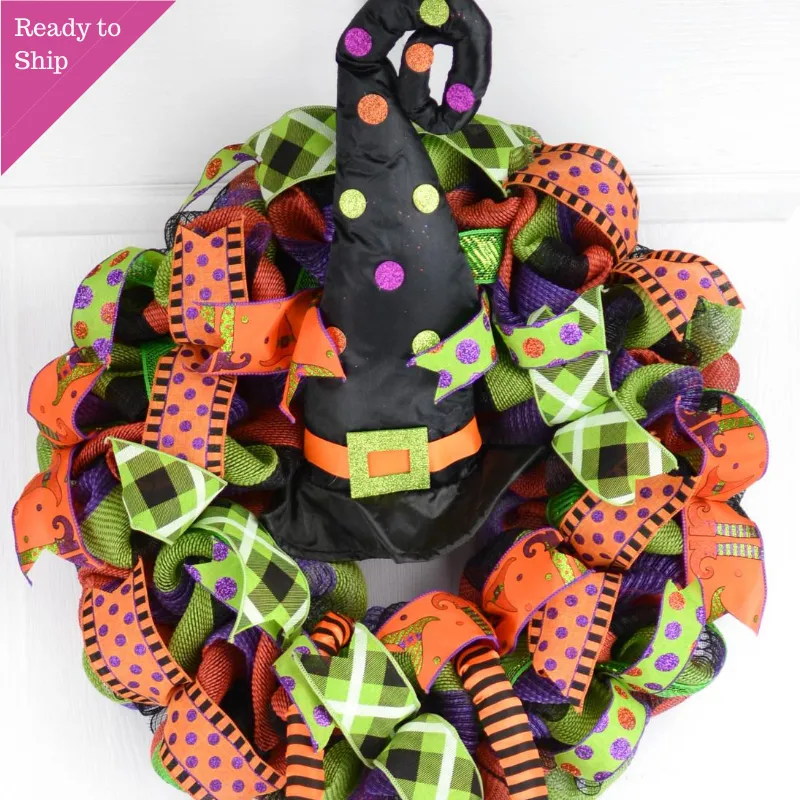 Halloween Witch Wreath | Hat Legs Halloween Front Door Mesh Welcome Wreath; Lime Green Black Orange