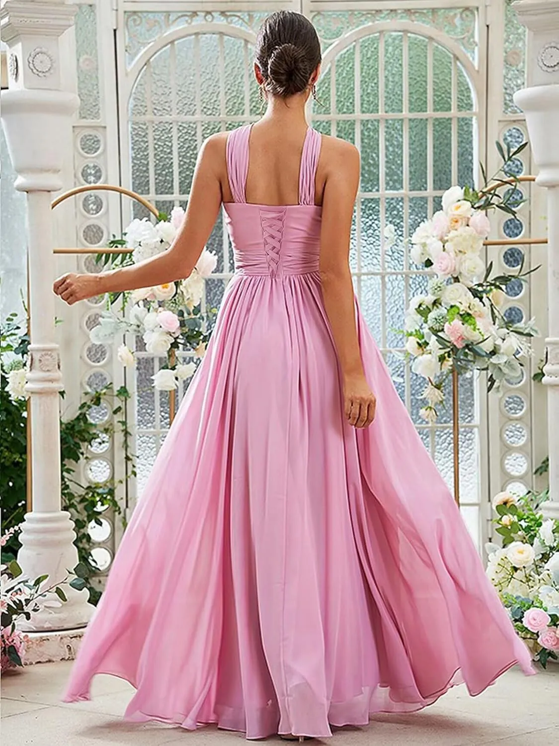 Halter Chiffon Bridesmaid Dresses for Women A Line Long Pleated Formal Evening Gown