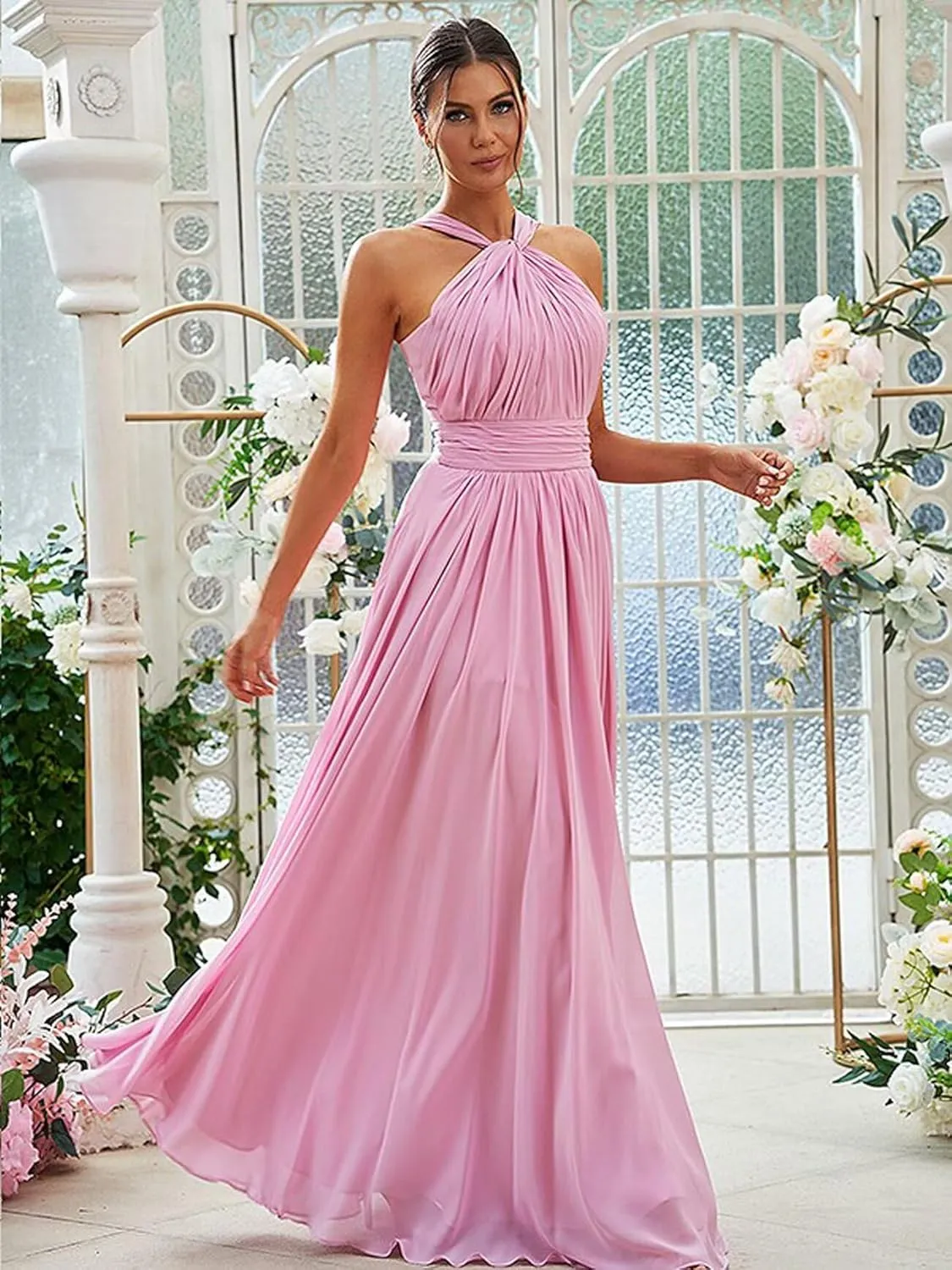 Halter Chiffon Bridesmaid Dresses for Women A Line Long Pleated Formal Evening Gown