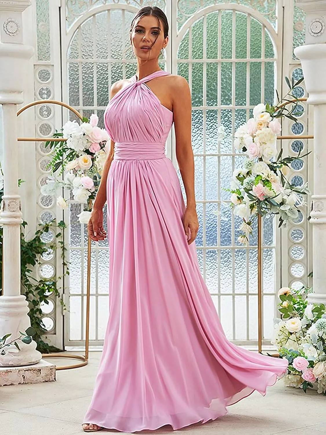 Halter Chiffon Bridesmaid Dresses for Women A Line Long Pleated Formal Evening Gown