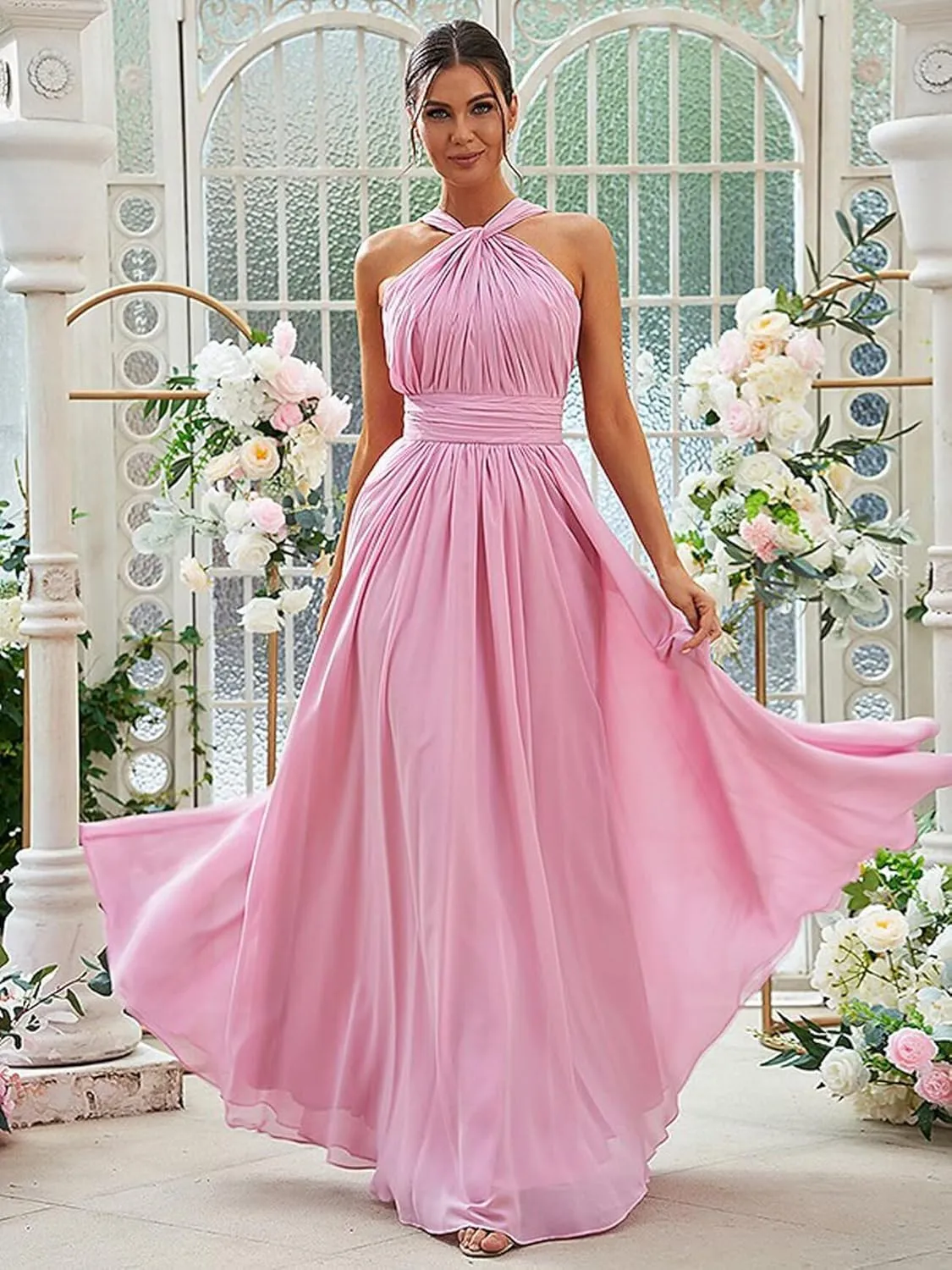 Halter Chiffon Bridesmaid Dresses for Women A Line Long Pleated Formal Evening Gown