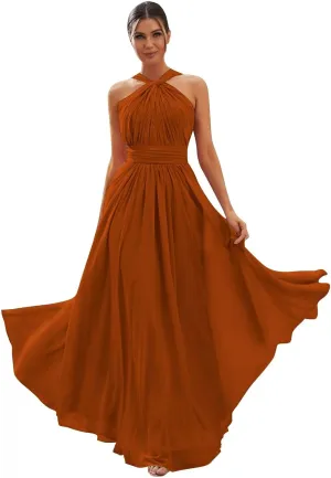 Halter Chiffon Bridesmaid Dresses for Women A Line Long Pleated Formal Evening Gown