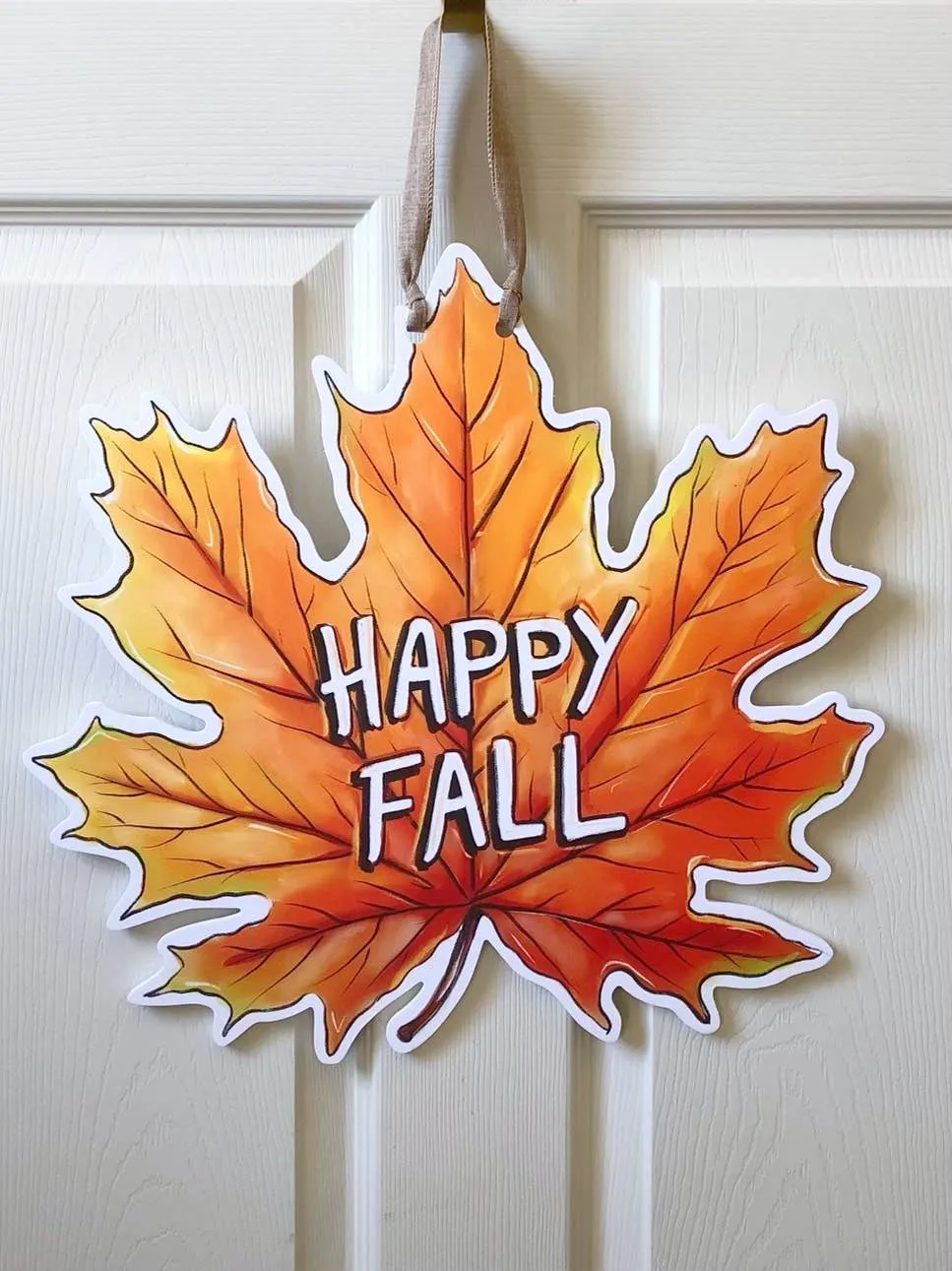 Happy Fall Leaf Autumn Door Hanger - Orange Maple Leaf Decor