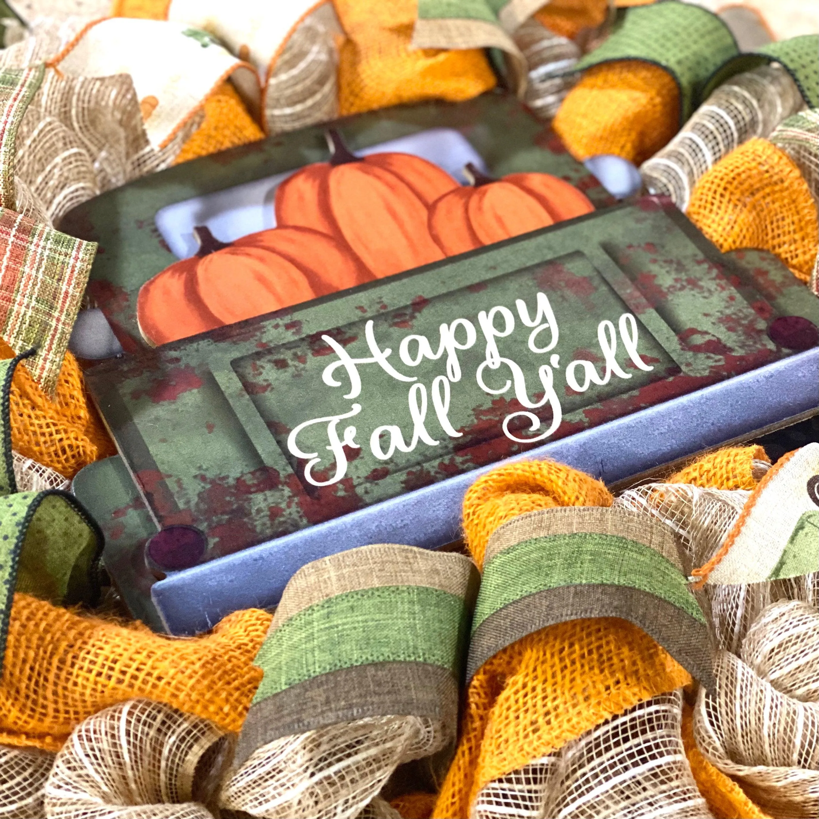 Happy Fall Y'All Wreath - Farm Truck Thanksgiving Front Door Wreath - Brown Orange Burlap Green