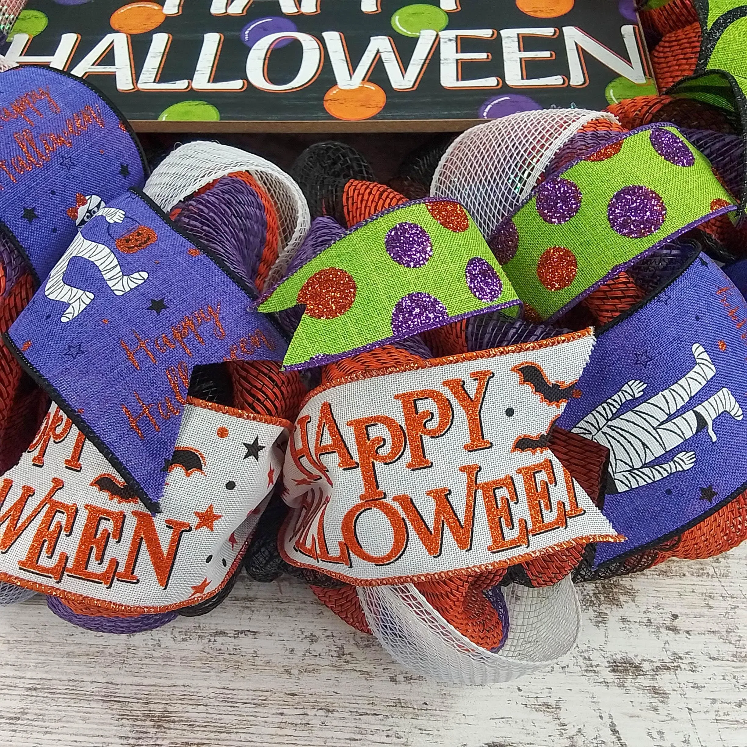 Happy Halloween Door Wreaths - Mesh Outdoor Front Door Wreath - Black Orange Purple Lime Green
