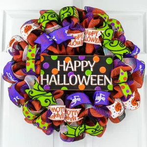 Happy Halloween Door Wreaths - Mesh Outdoor Front Door Wreath - Black Orange Purple Lime Green
