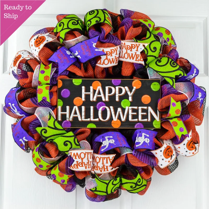 Happy Halloween Door Wreaths - Mesh Outdoor Front Door Wreath - Black Orange Purple Lime Green