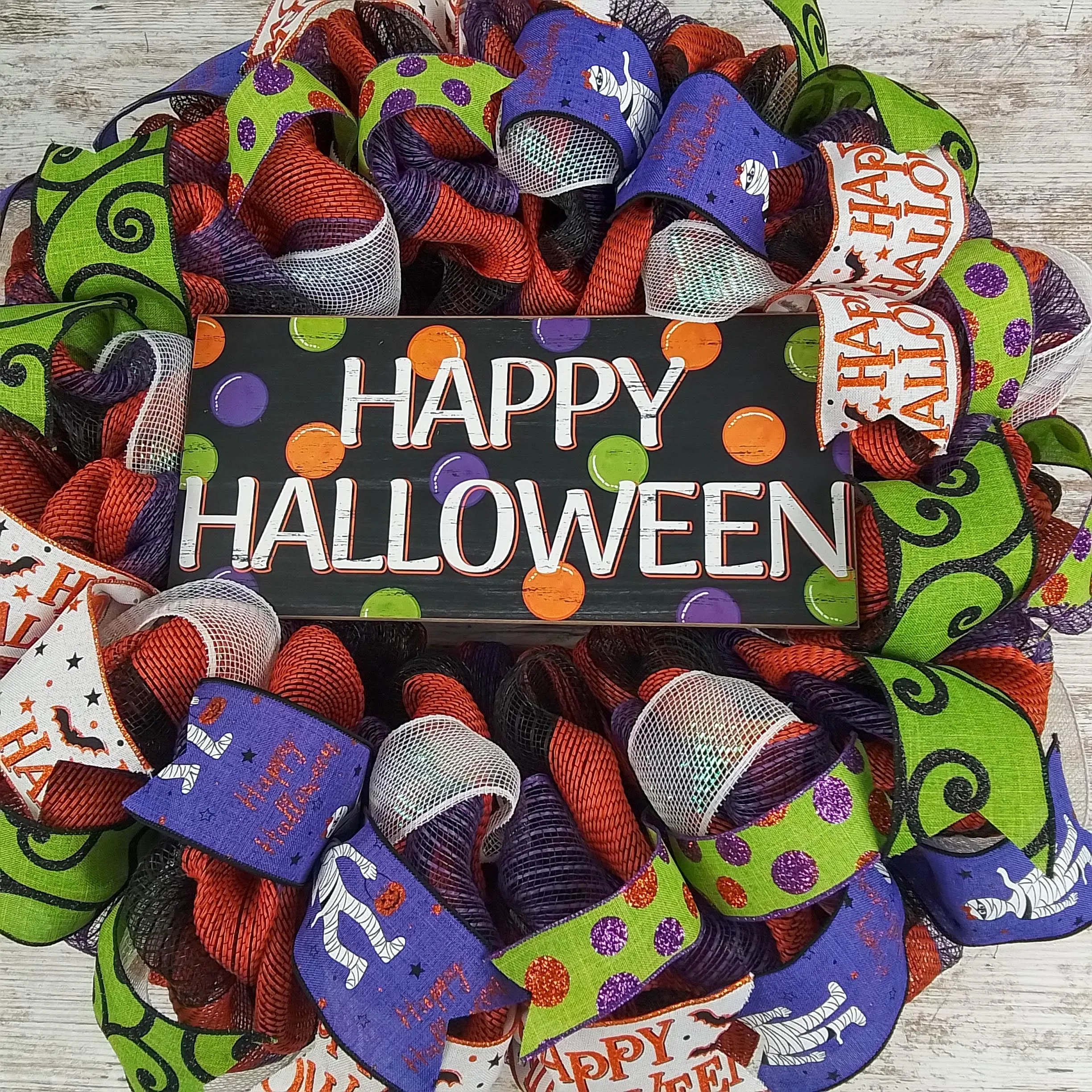 Happy Halloween Door Wreaths - Mesh Outdoor Front Door Wreath - Black Orange Purple Lime Green