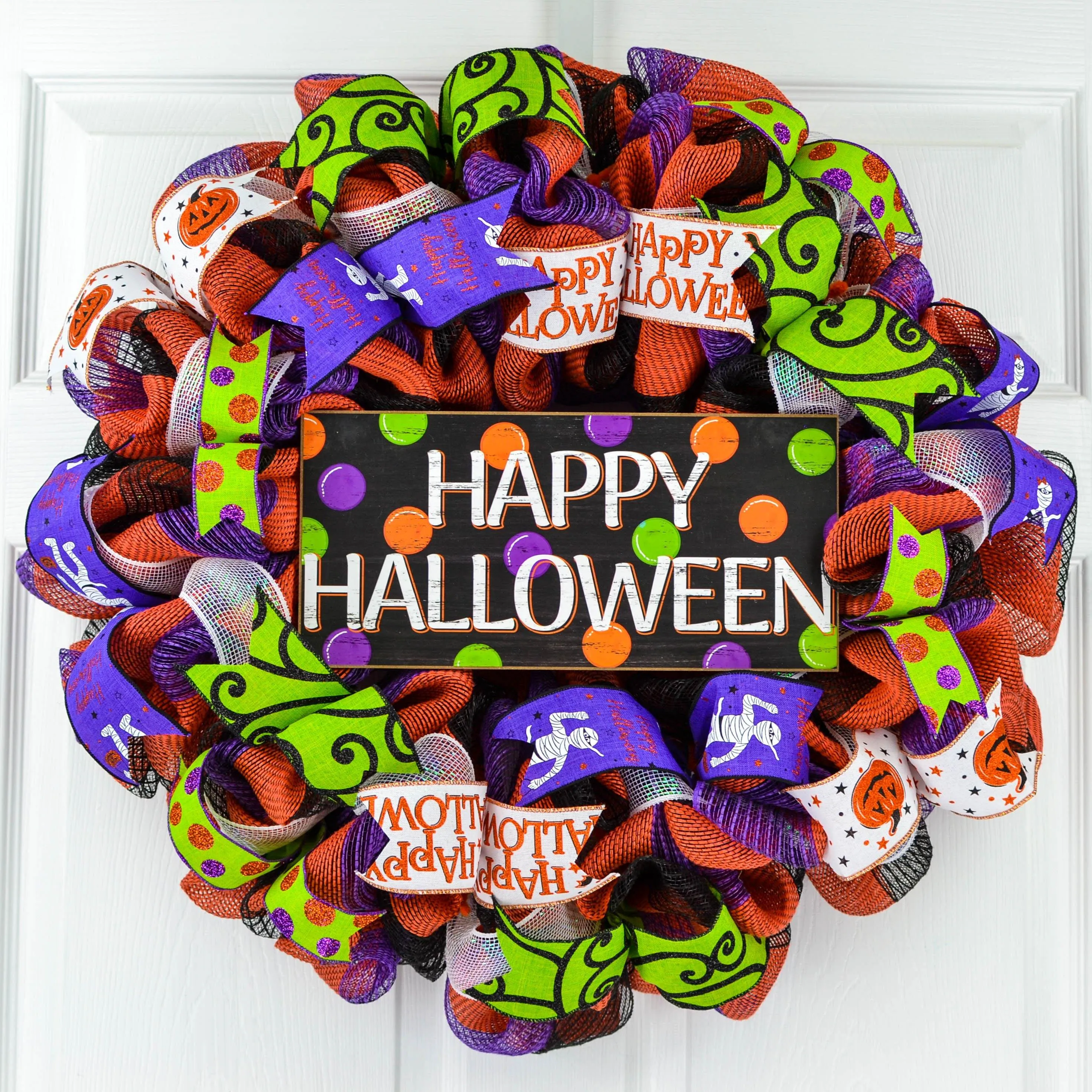 Happy Halloween Door Wreaths - Mesh Outdoor Front Door Wreath - Black Orange Purple Lime Green