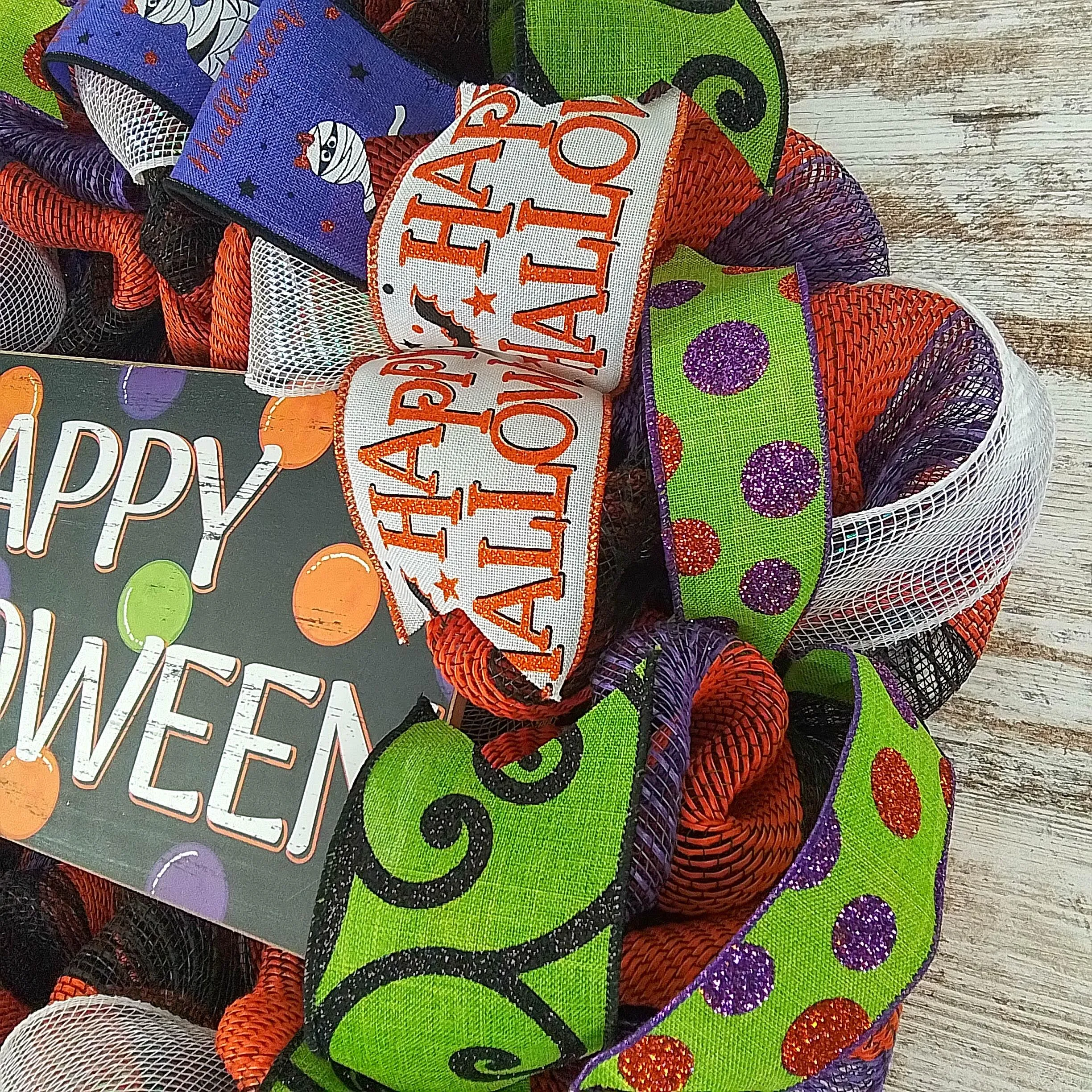 Happy Halloween Door Wreaths - Mesh Outdoor Front Door Wreath - Black Orange Purple Lime Green