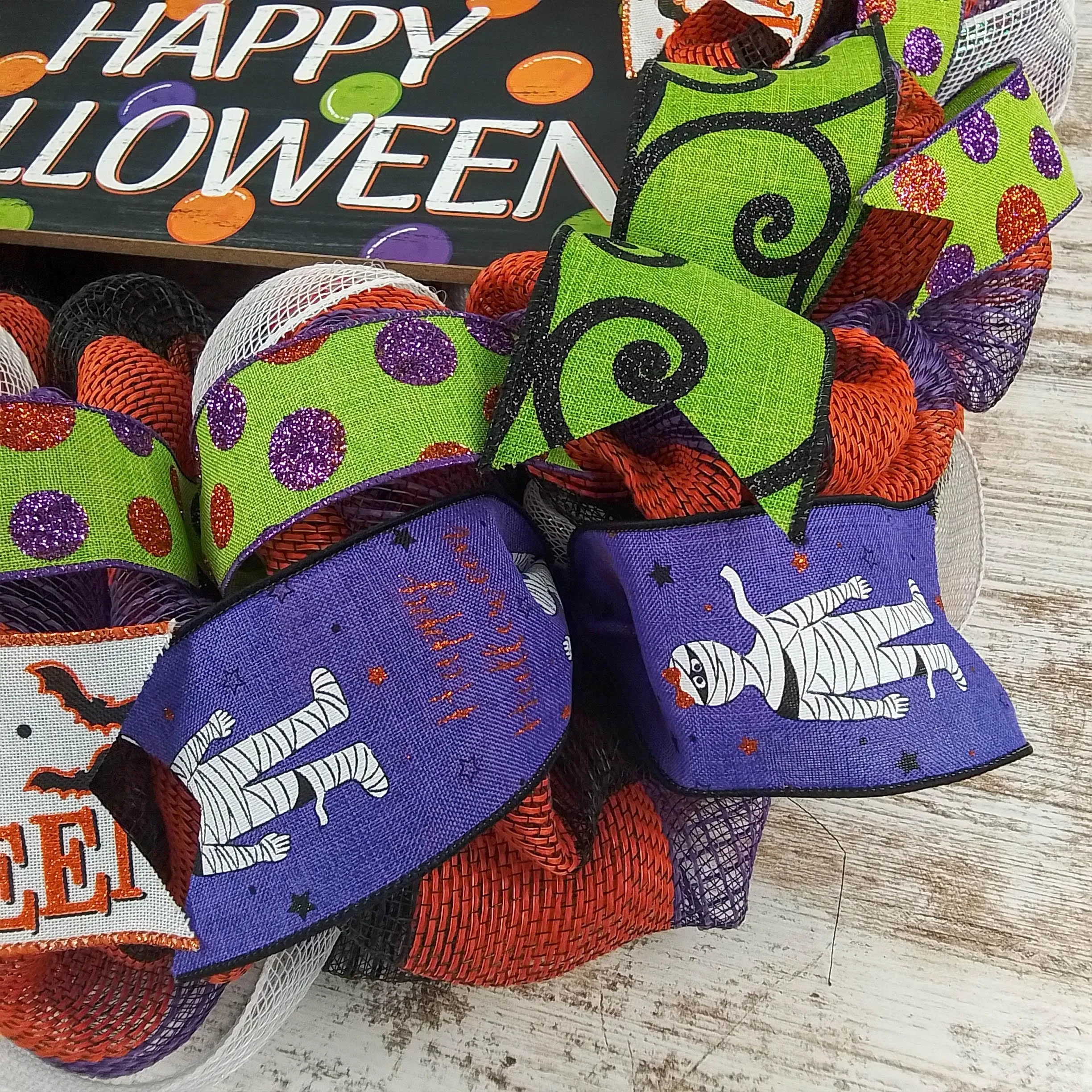 Happy Halloween Door Wreaths - Mesh Outdoor Front Door Wreath - Black Orange Purple Lime Green