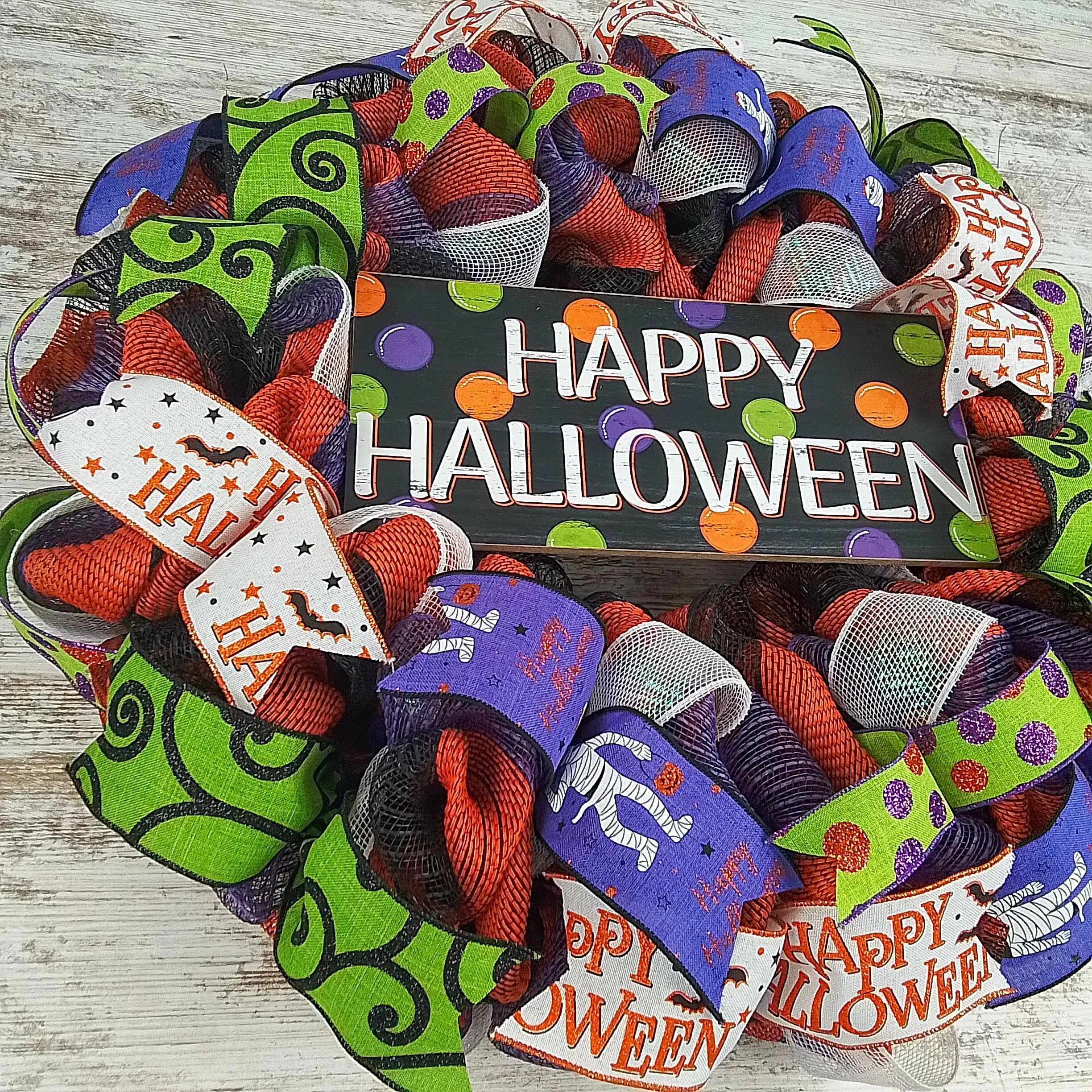 Happy Halloween Door Wreaths - Mesh Outdoor Front Door Wreath - Black Orange Purple Lime Green