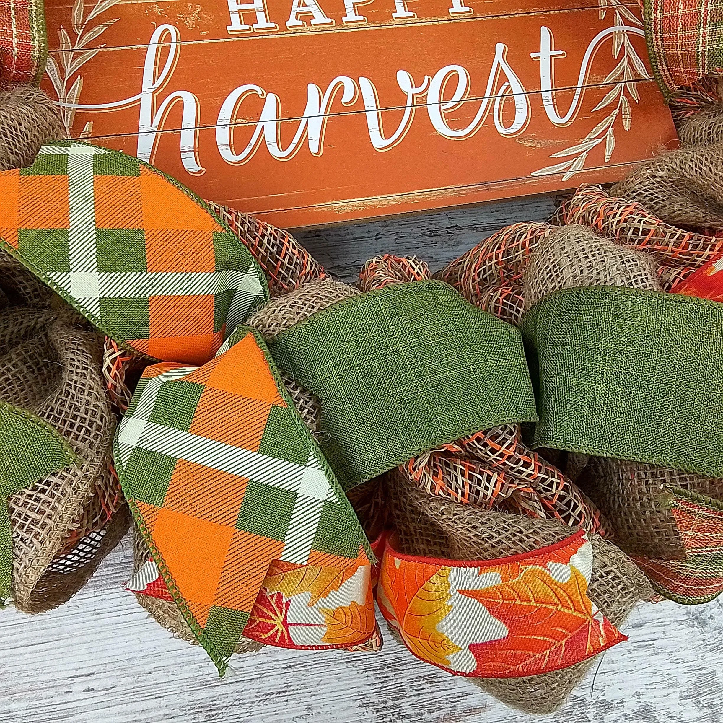 Happy Harvest Fall Wreath | Thanksgiving Deco Mesh Front Door Wreath; Brown Orange Green Burlap