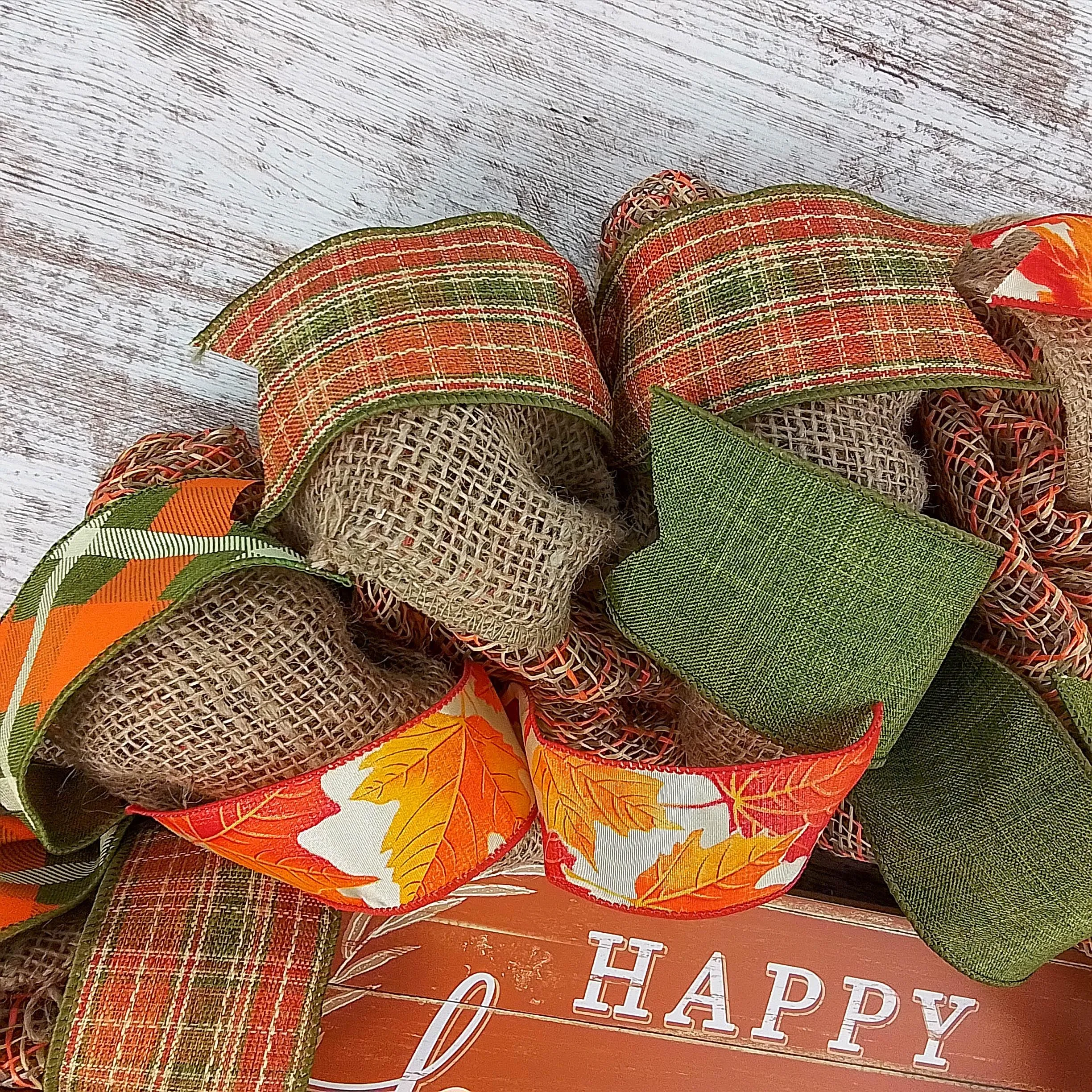 Happy Harvest Fall Wreath | Thanksgiving Deco Mesh Front Door Wreath; Brown Orange Green Burlap