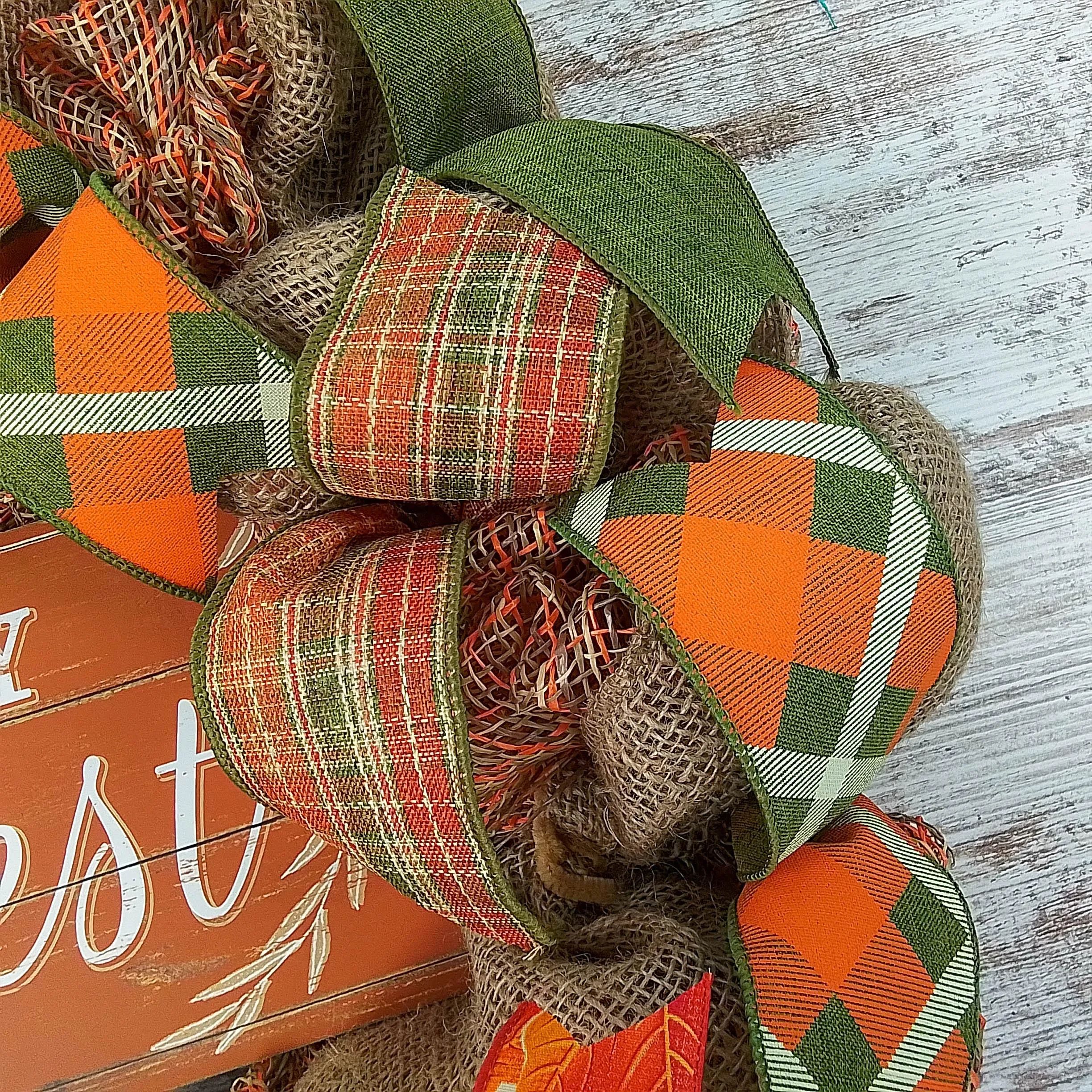 Happy Harvest Fall Wreath | Thanksgiving Deco Mesh Front Door Wreath; Brown Orange Green Burlap