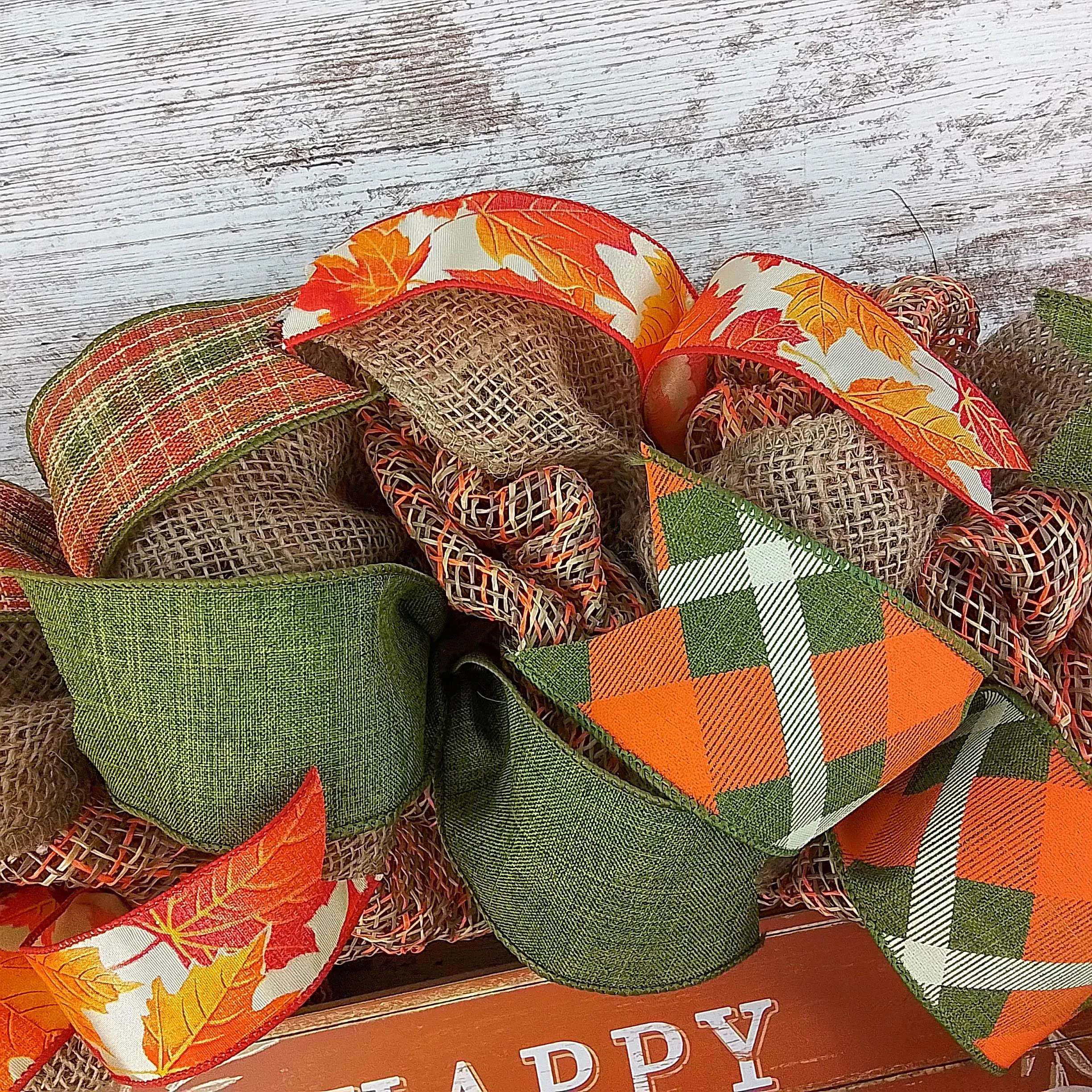 Happy Harvest Fall Wreath | Thanksgiving Deco Mesh Front Door Wreath; Brown Orange Green Burlap