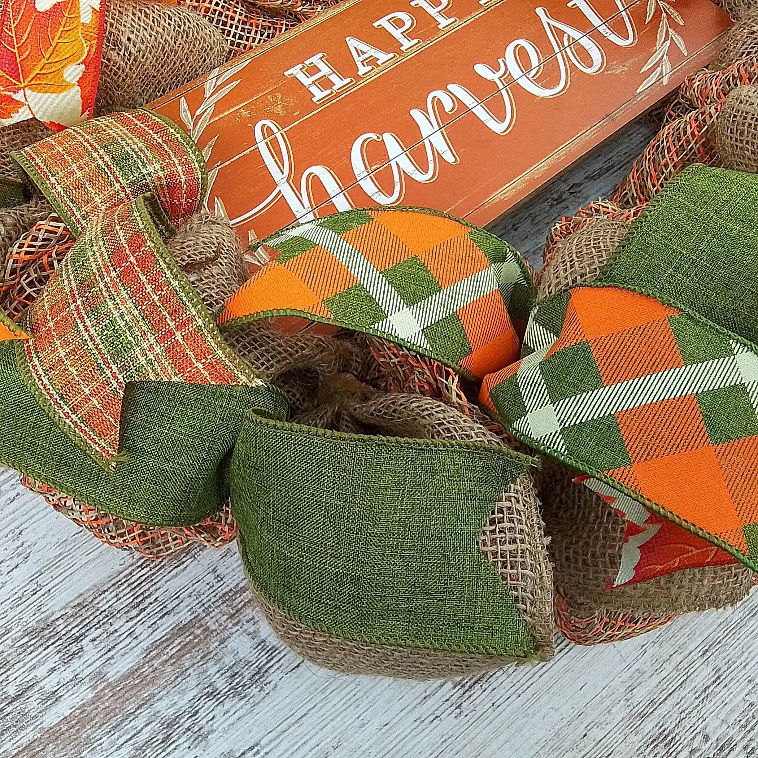 Happy Harvest Fall Wreath | Thanksgiving Deco Mesh Front Door Wreath; Brown Orange Green Burlap