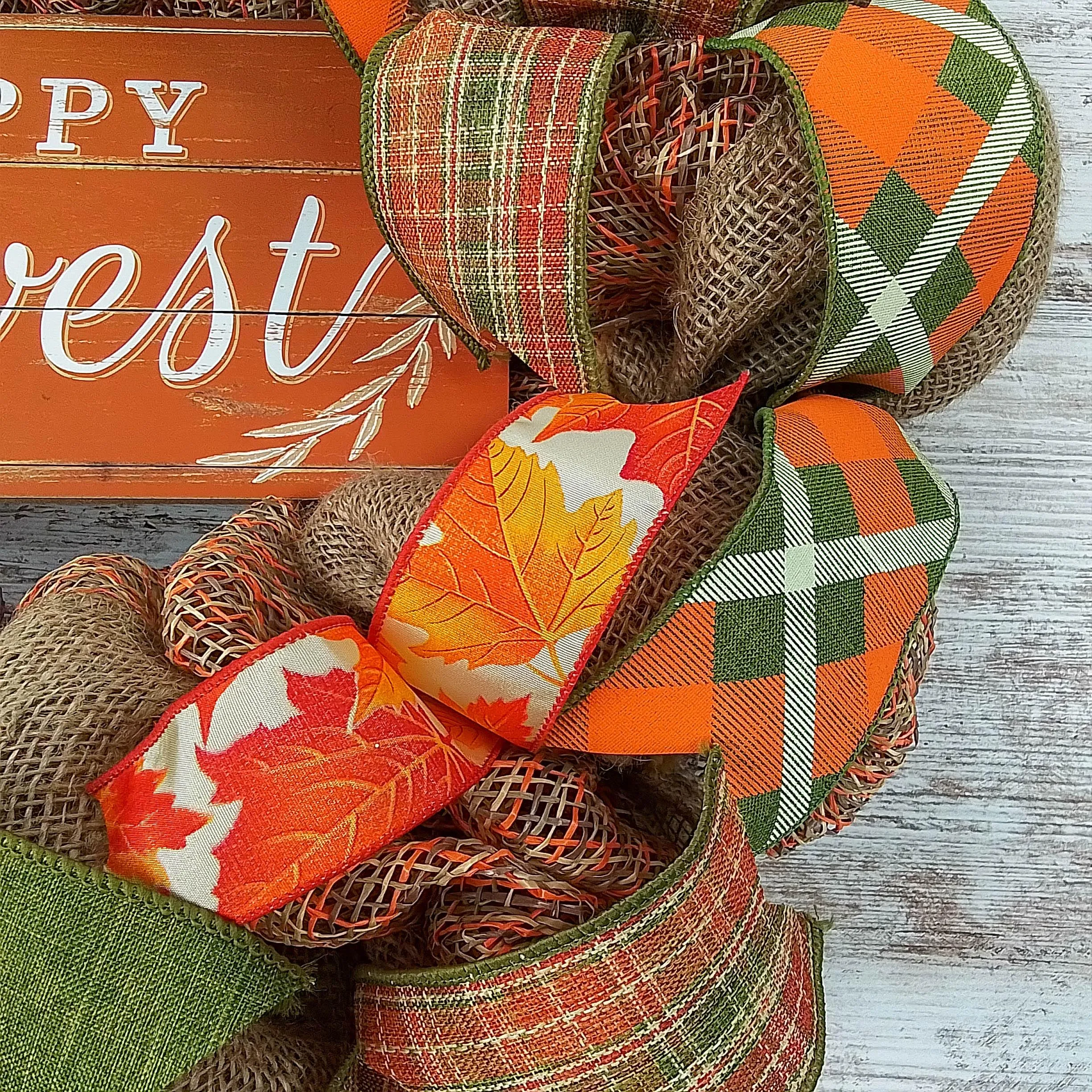 Happy Harvest Fall Wreath | Thanksgiving Deco Mesh Front Door Wreath; Brown Orange Green Burlap