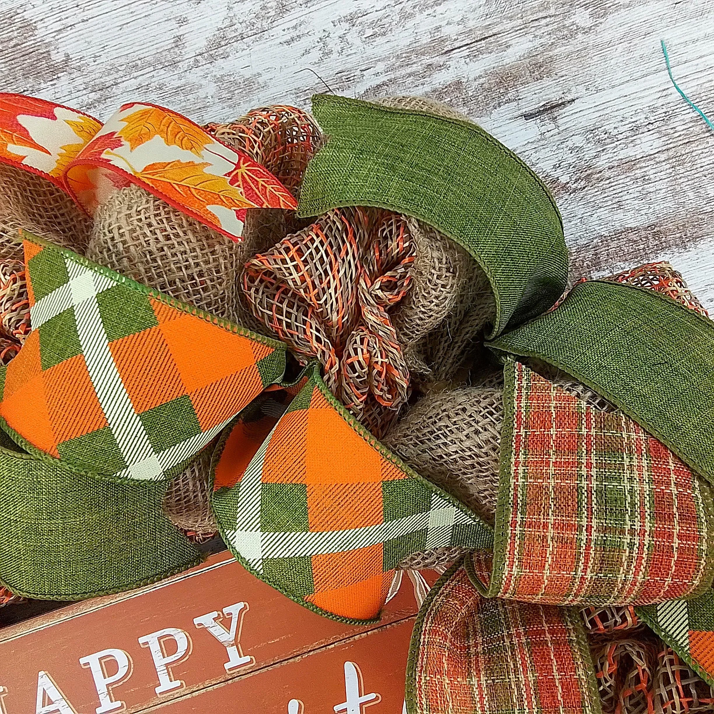 Happy Harvest Fall Wreath | Thanksgiving Deco Mesh Front Door Wreath; Brown Orange Green Burlap