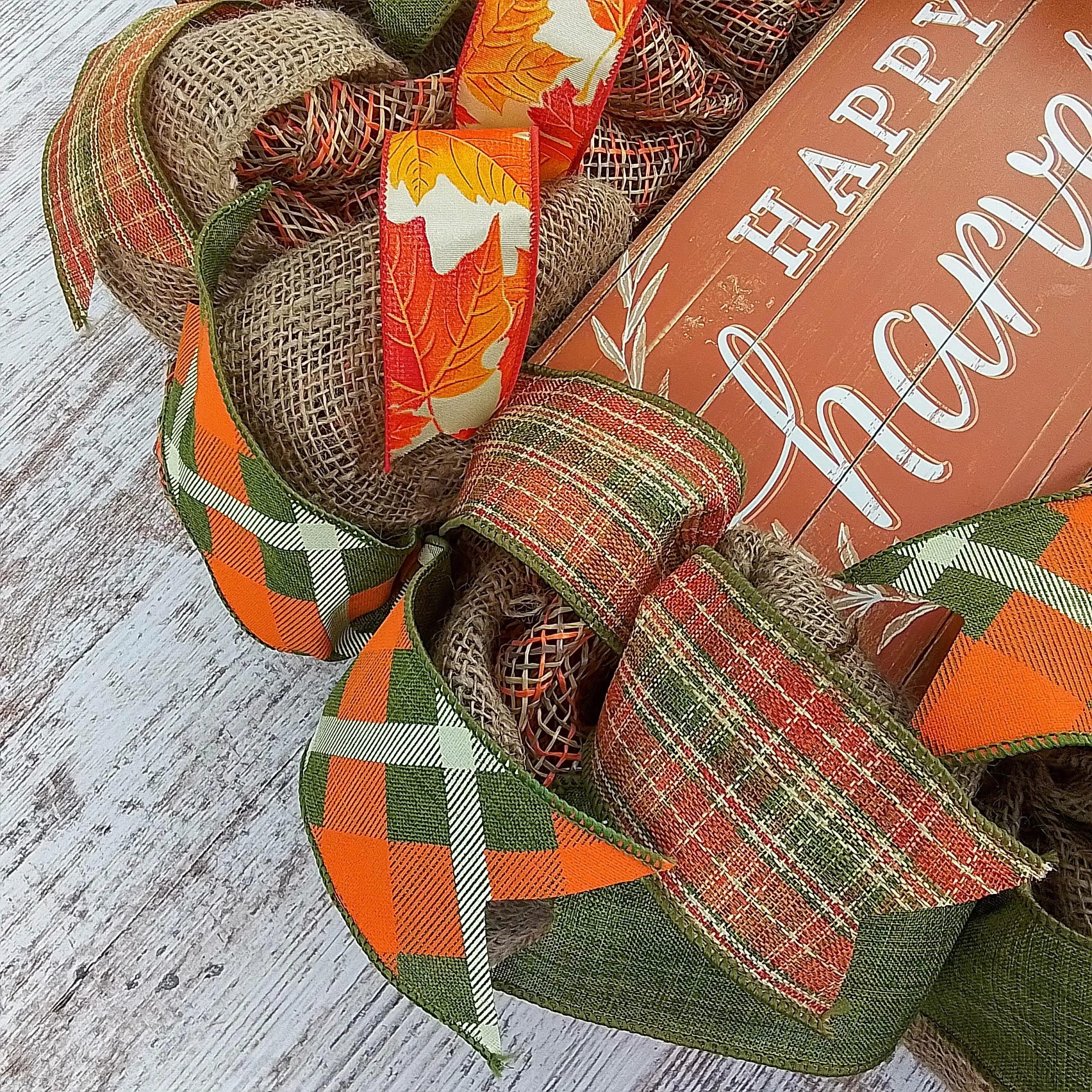 Happy Harvest Fall Wreath | Thanksgiving Deco Mesh Front Door Wreath; Brown Orange Green Burlap