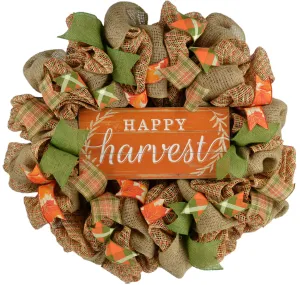 Happy Harvest Fall Wreath | Thanksgiving Deco Mesh Front Door Wreath; Brown Orange Green Burlap