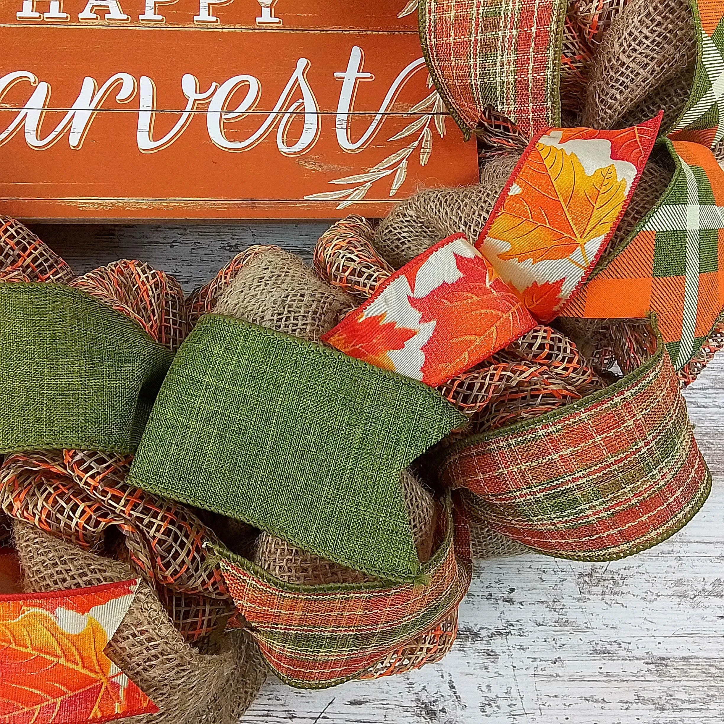 Happy Harvest Fall Wreath | Thanksgiving Deco Mesh Front Door Wreath; Brown Orange Green Burlap