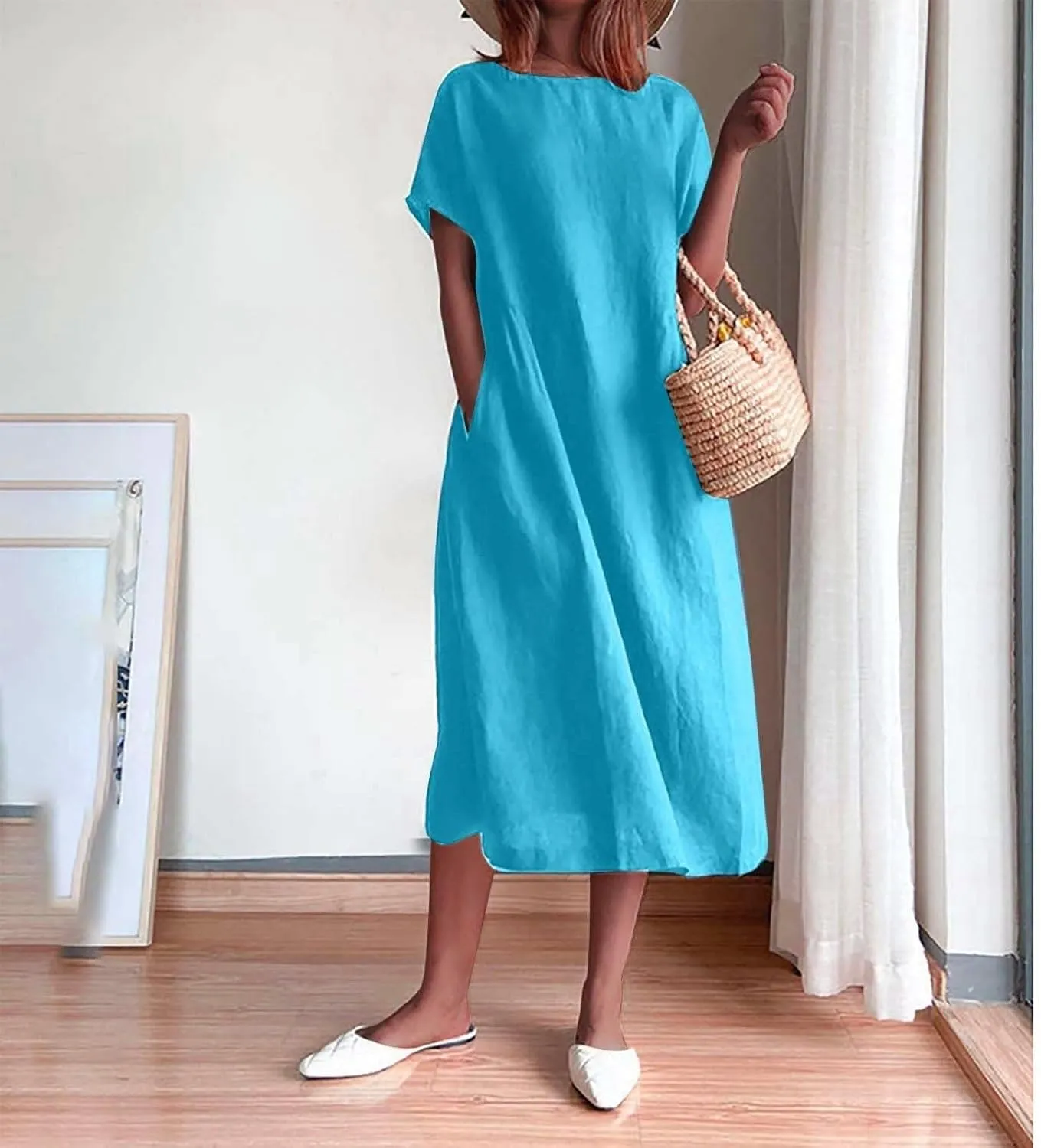 Hawaiian Dresses for Women Summer Casual Trendy Short Sleeve Crew Neck Solid Color Vacation Linen Dress, M-4XL