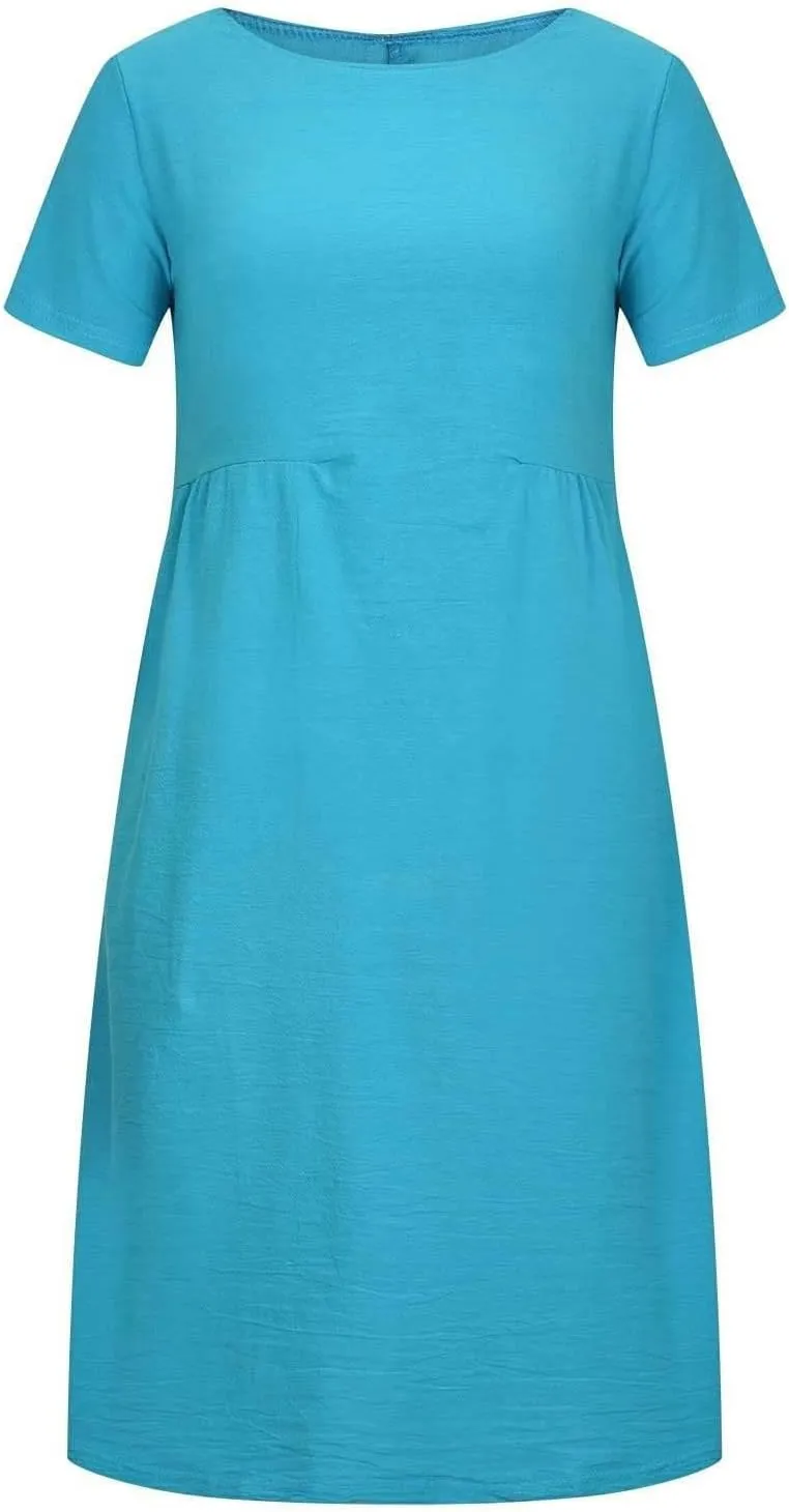 Hawaiian Dresses for Women Summer Casual Trendy Short Sleeve Crew Neck Solid Color Vacation Linen Dress, M-4XL