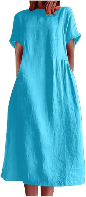 Hawaiian Dresses for Women Summer Casual Trendy Short Sleeve Crew Neck Solid Color Vacation Linen Dress, M-4XL