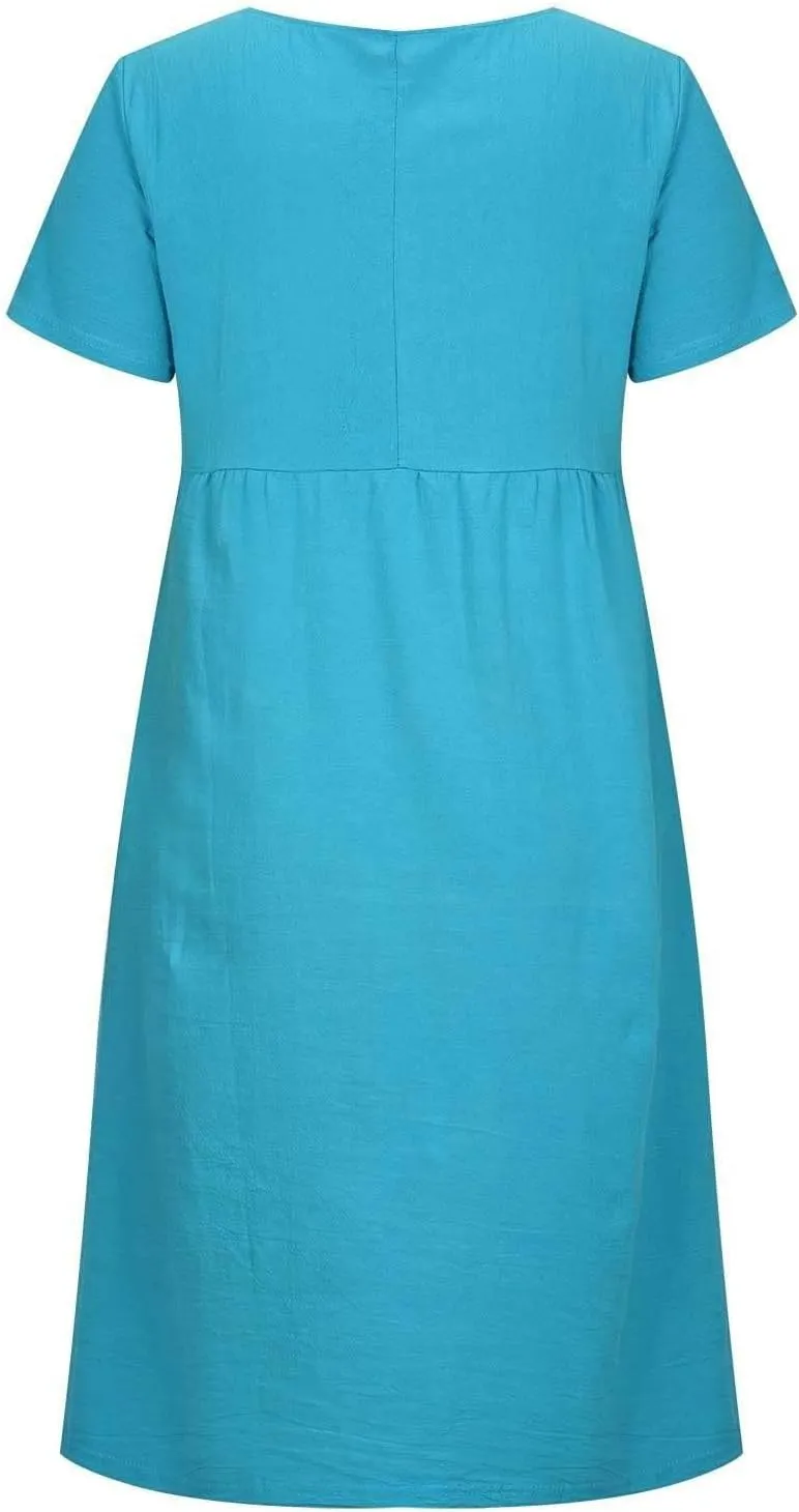 Hawaiian Dresses for Women Summer Casual Trendy Short Sleeve Crew Neck Solid Color Vacation Linen Dress, M-4XL