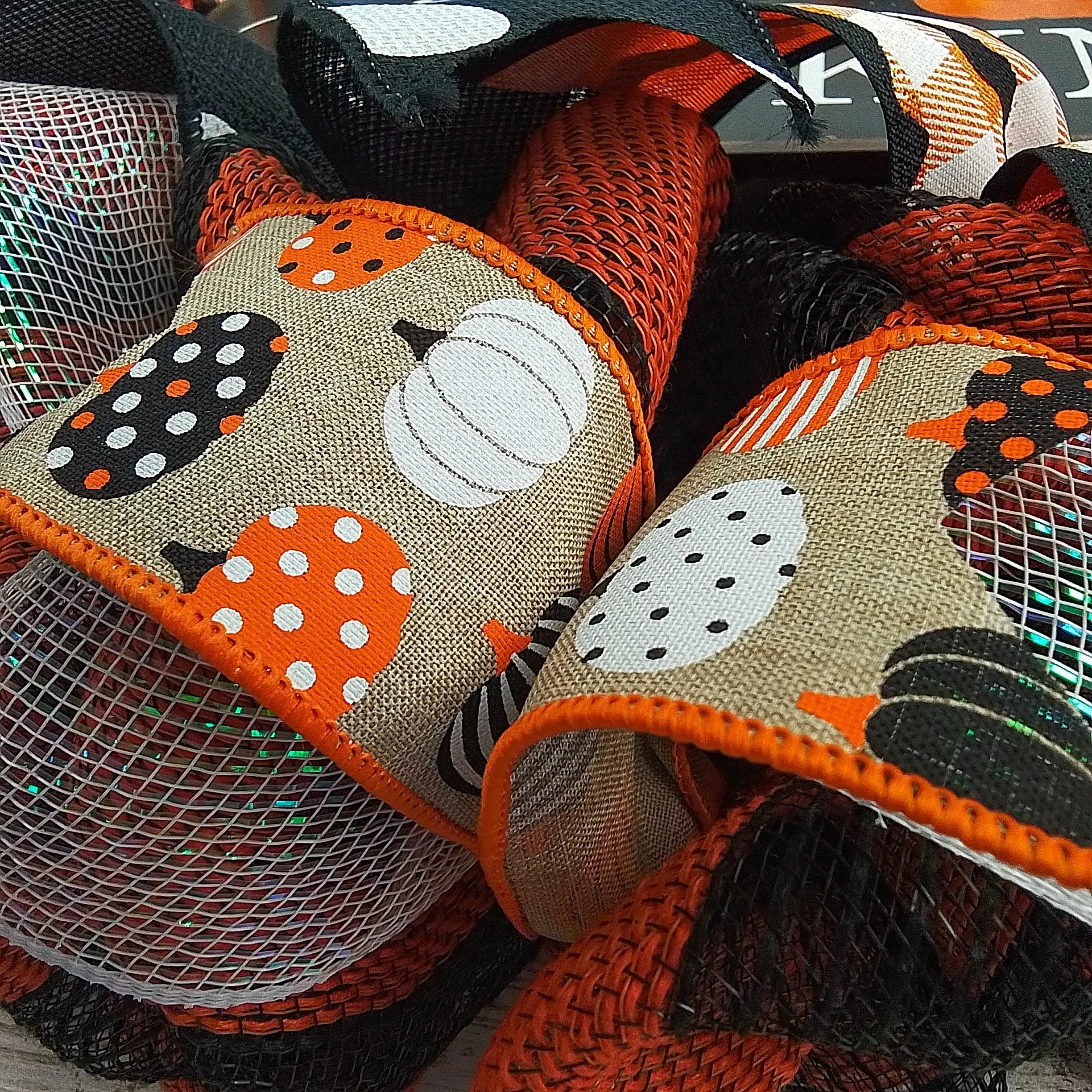 Hello Pumpkin Halloween Door Wreaths | Orange Mesh Front Door Decor | Black Orange Polka Dot