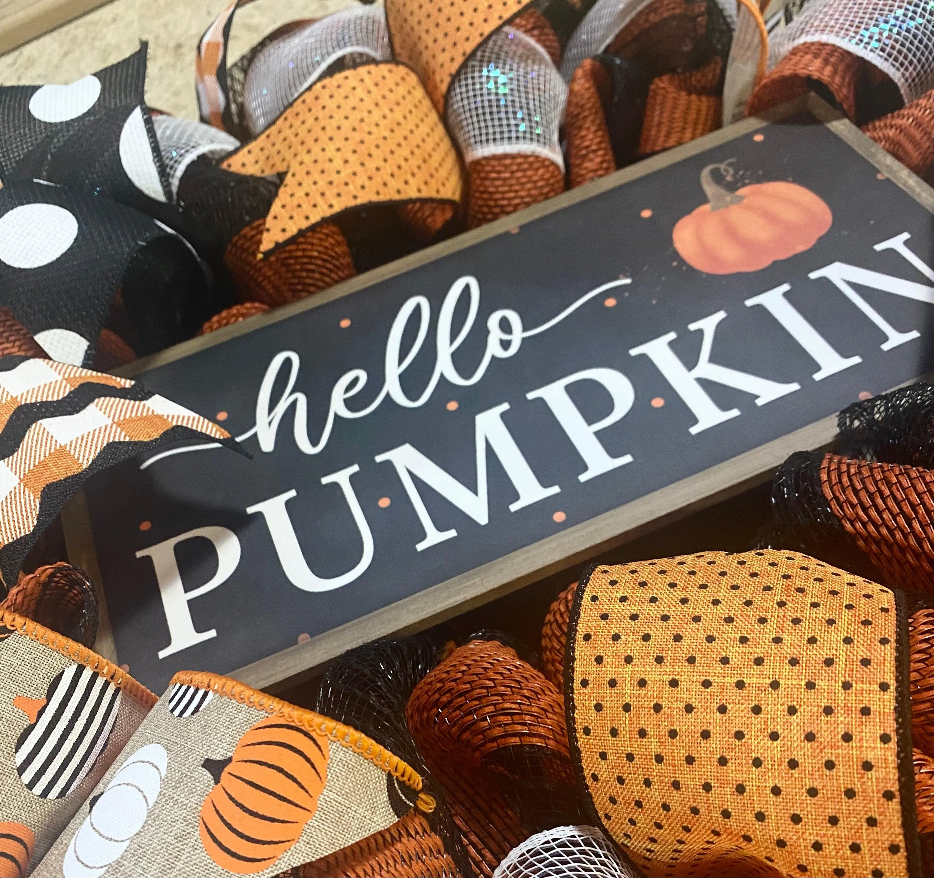 Hello Pumpkin Halloween Door Wreaths | Orange Mesh Front Door Decor | Black Orange Polka Dot