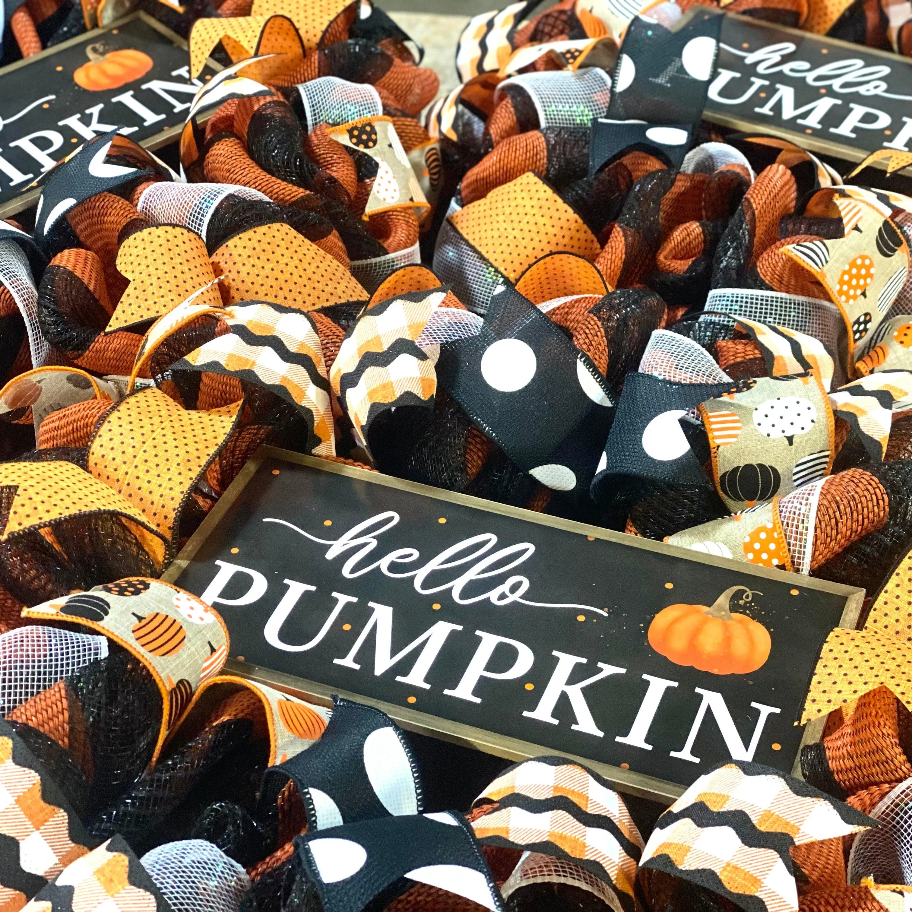Hello Pumpkin Halloween Door Wreaths | Orange Mesh Front Door Decor | Black Orange Polka Dot