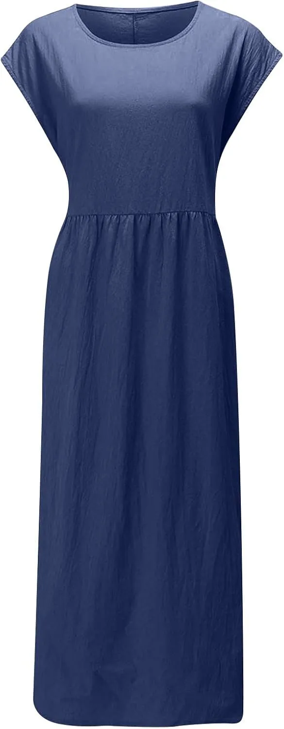 HGps8w Minimalist Cotton Linen Dresses for Women 2025 Summer Plus Size Cap Sleeve Casual Solid Swing Midi Dress with Pockets