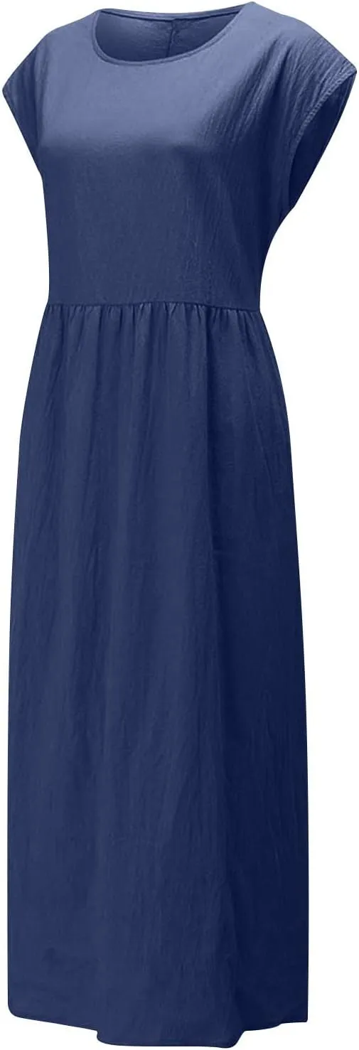 HGps8w Minimalist Cotton Linen Dresses for Women 2025 Summer Plus Size Cap Sleeve Casual Solid Swing Midi Dress with Pockets