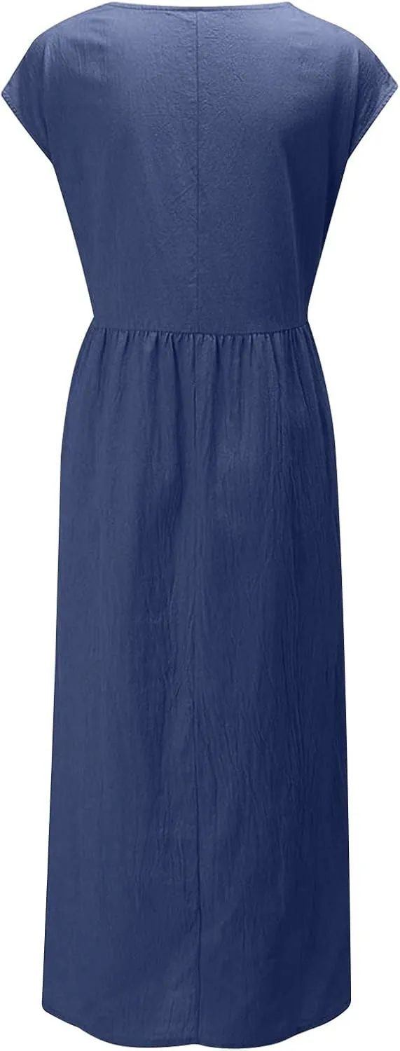 HGps8w Minimalist Cotton Linen Dresses for Women 2025 Summer Plus Size Cap Sleeve Casual Solid Swing Midi Dress with Pockets