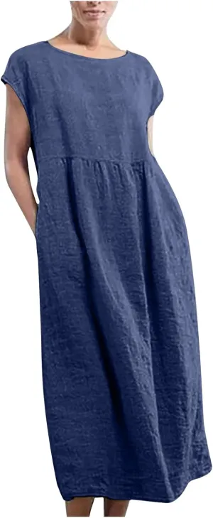 HGps8w Minimalist Cotton Linen Dresses for Women 2025 Summer Plus Size Cap Sleeve Casual Solid Swing Midi Dress with Pockets