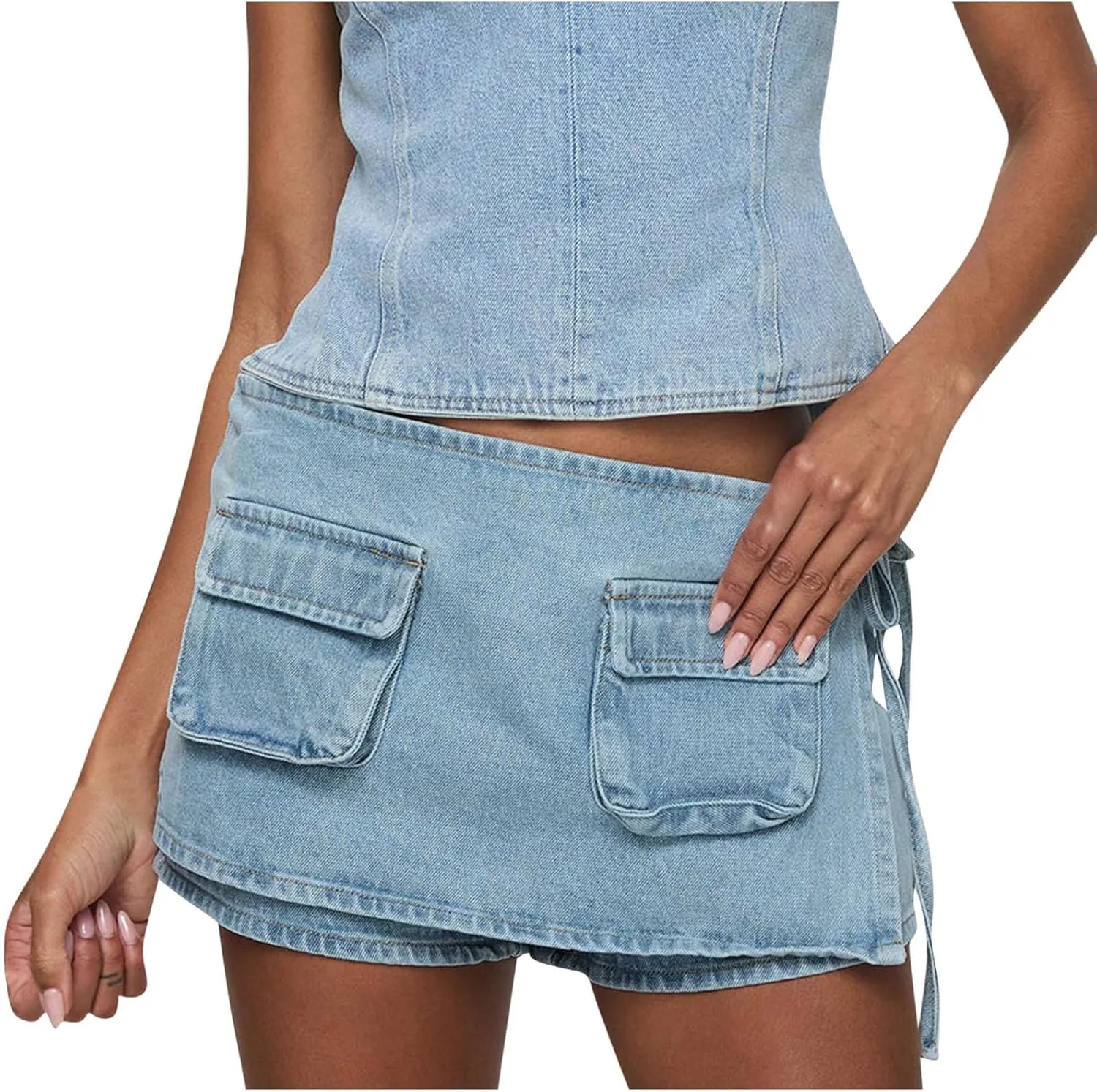 HGps8w Women's Stretchy Denim Cargo Skort Sexy High Waisted 2025 Summer Casual Mini Jean Skirt Shorts with Pockets
