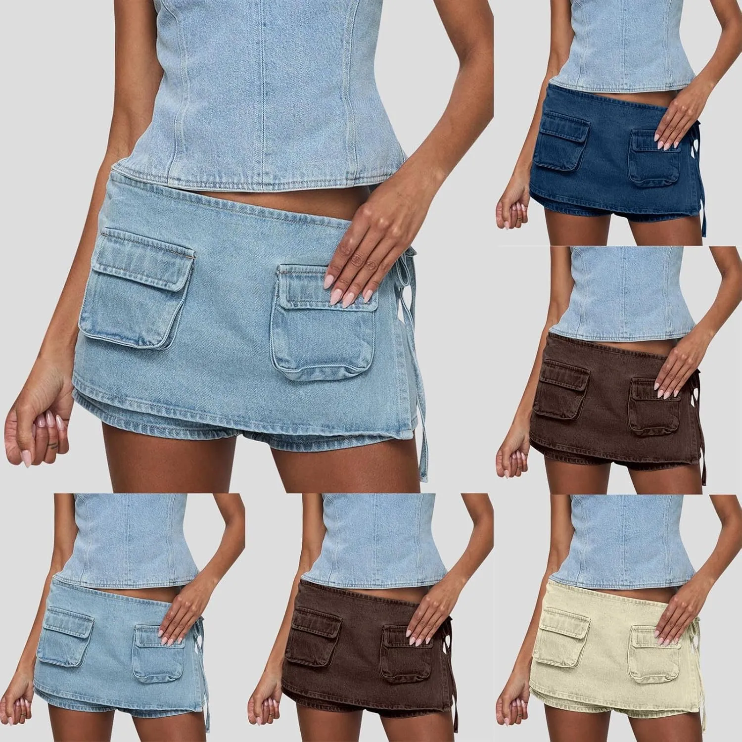 HGps8w Women's Stretchy Denim Cargo Skort Sexy High Waisted 2025 Summer Casual Mini Jean Skirt Shorts with Pockets