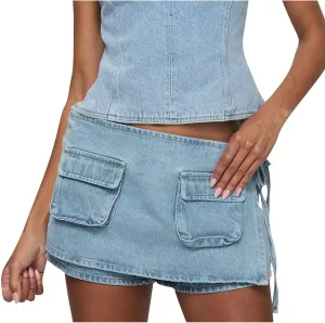 HGps8w Women's Stretchy Denim Cargo Skort Sexy High Waisted 2025 Summer Casual Mini Jean Skirt Shorts with Pockets